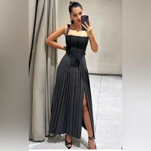 Zara ZW Collection Pleated Bustier Long Dress Grey Size XS, Like New
